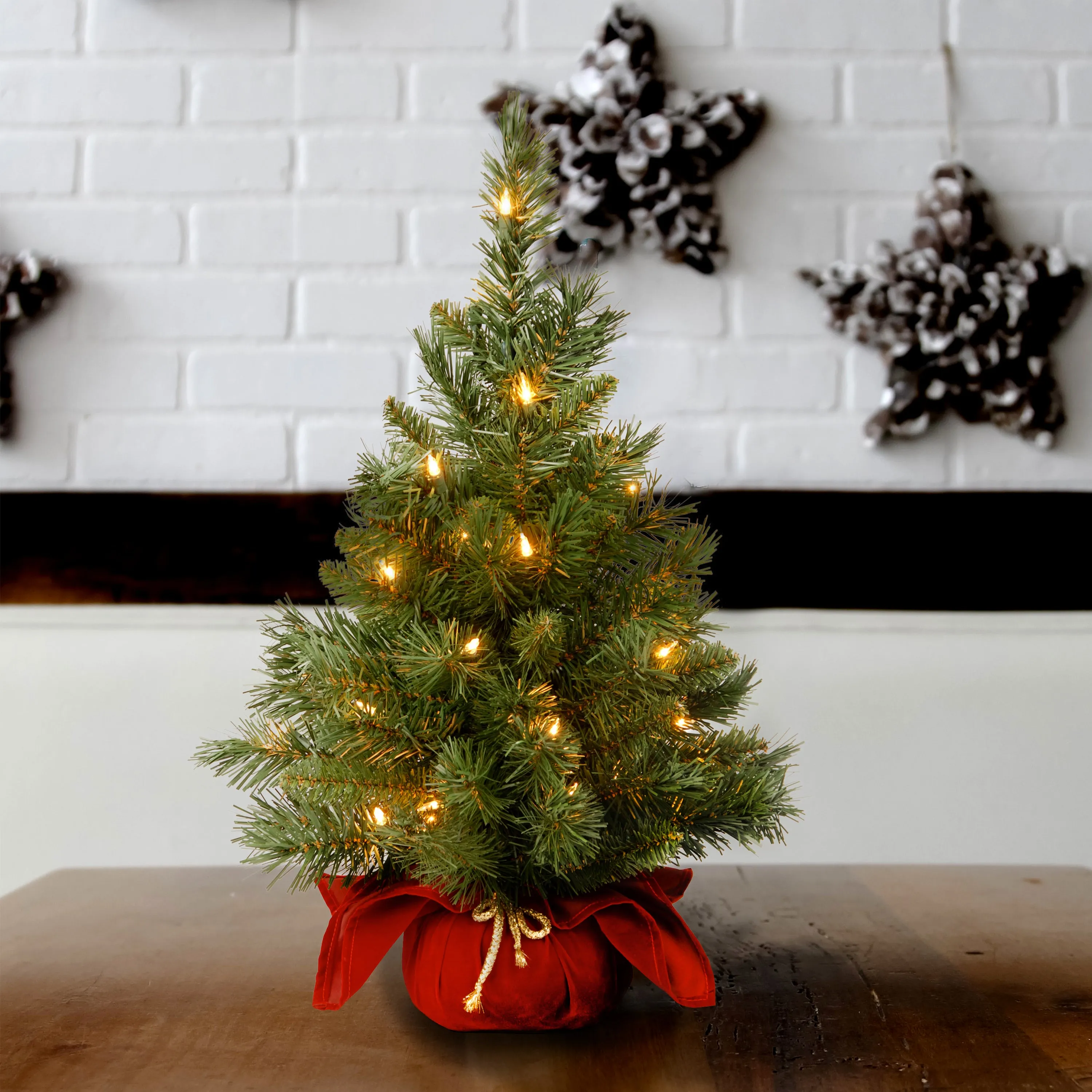 2 ft. Pre-Lit Majestic Fir Tree with Clear Lights, Burgandy Base