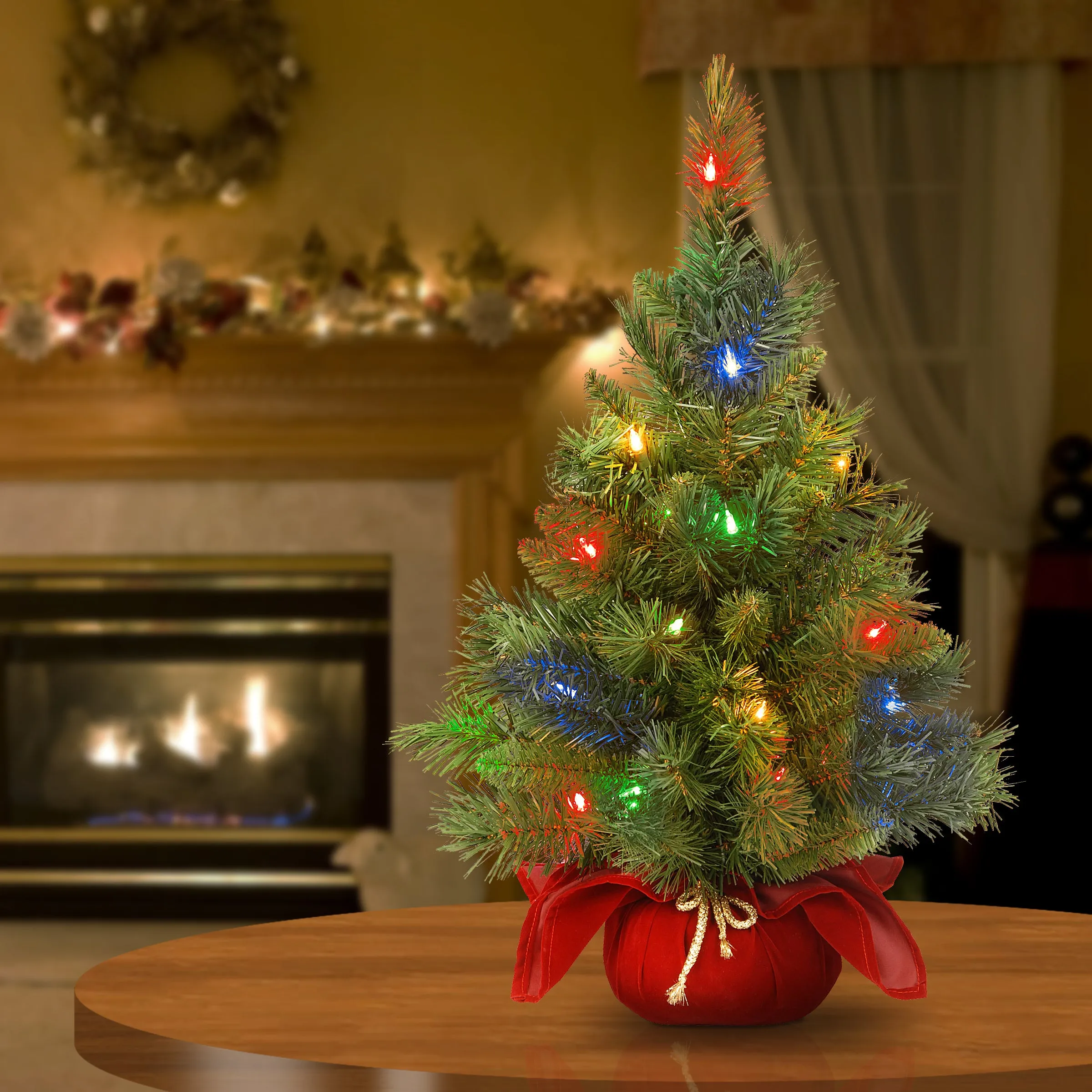 2 ft. Pre-Lit Majestic Fir Tree with Multicolor LED Lights, Red Base