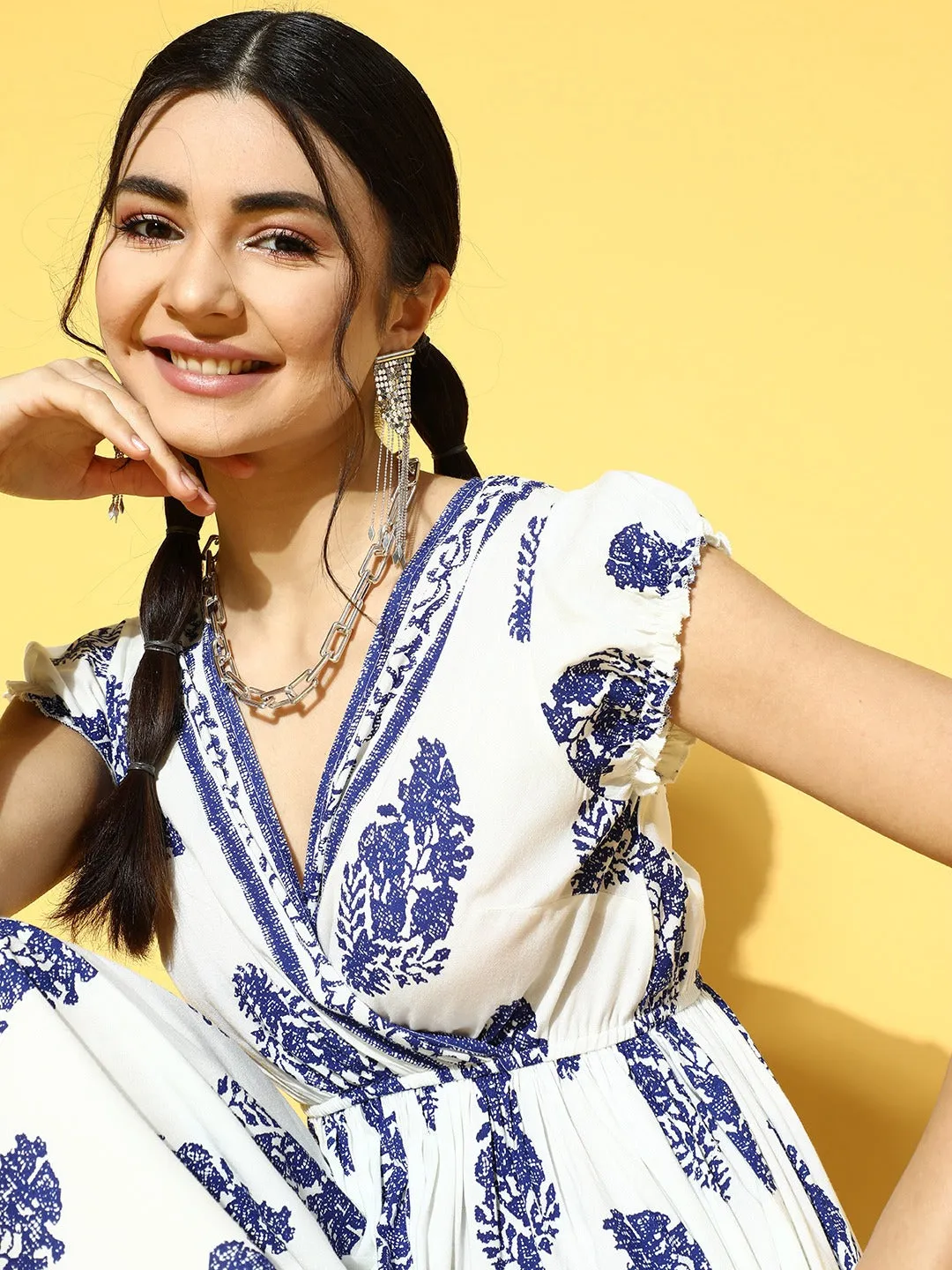 Berrylush Women Off-White & Navy Blue Ethnic Motifs Printed V-Neck Flared Wrap A-Line Mini Dress