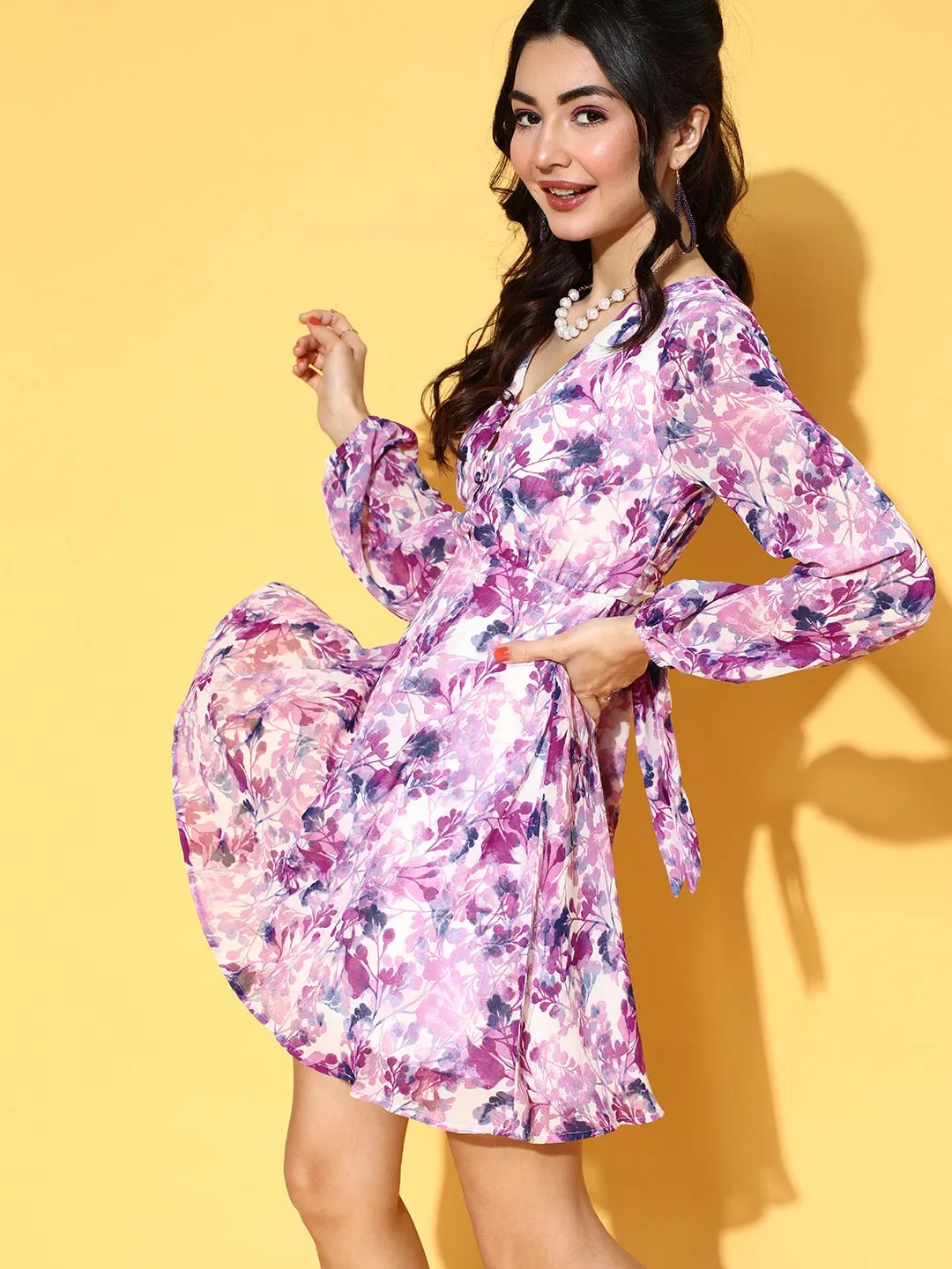 Berrylush Women White & Purple Floral Printed V-Neck Georgette Fit & Flare Mini Dress
