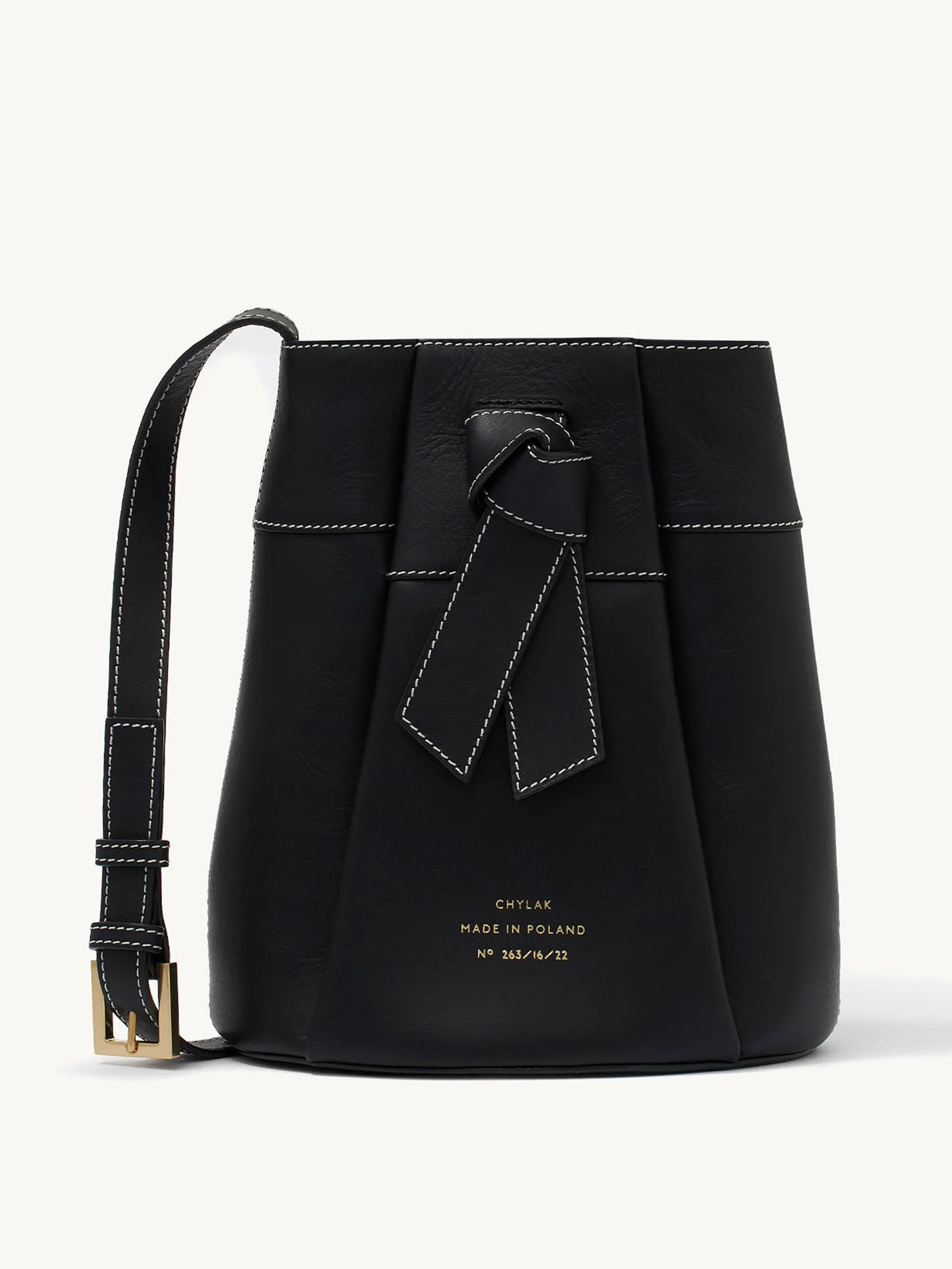 Black leather knot bucket bag