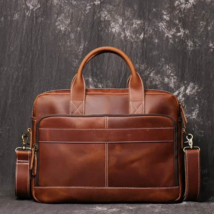 Brown Leather Men 14 inches Vintage Briefcase Handbag Dark Coffee Laptop Handbag Side Bag For Men