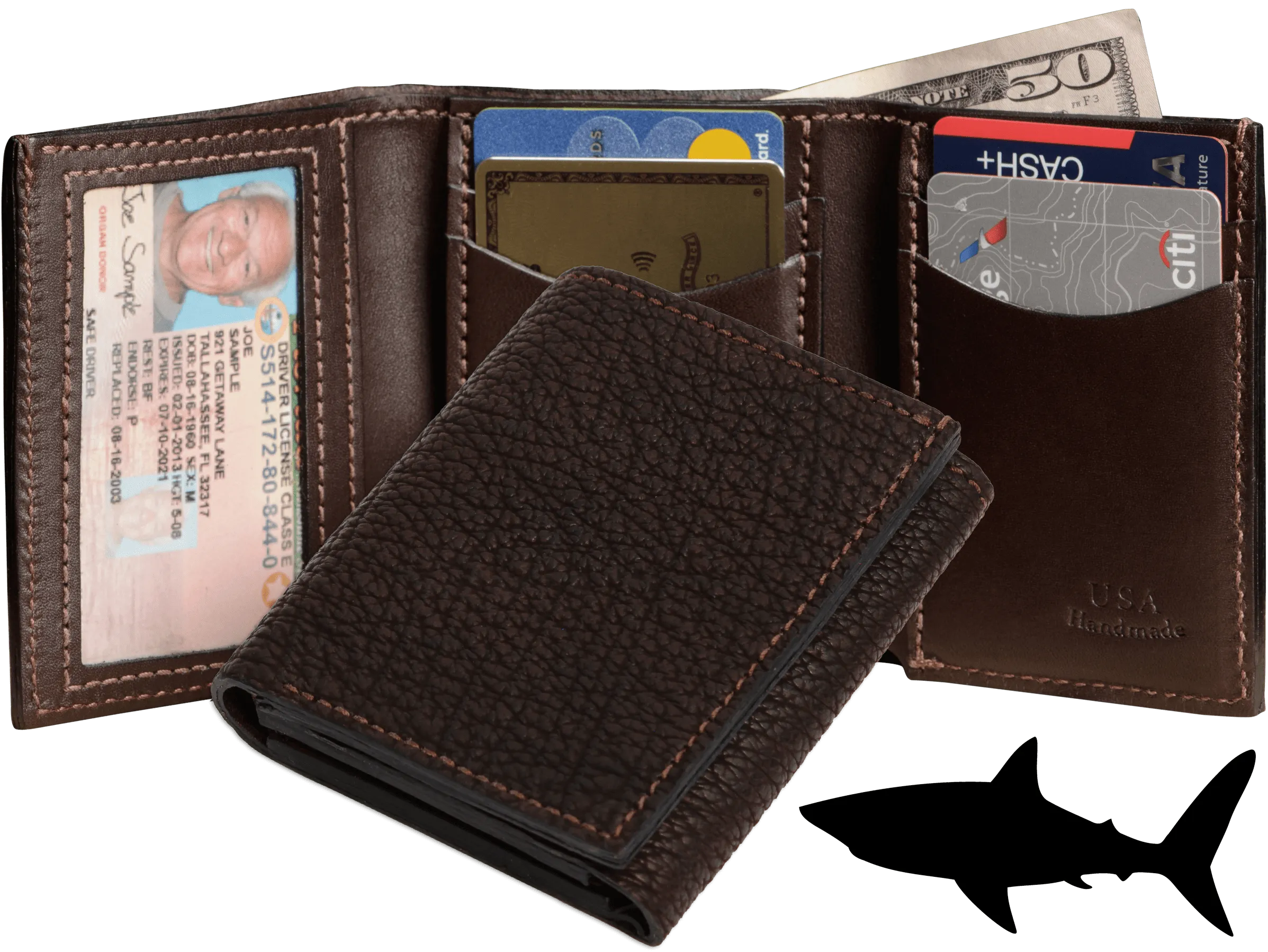 Brown Shark Luxury Designer Exotic Trifold Wallet With ID Window