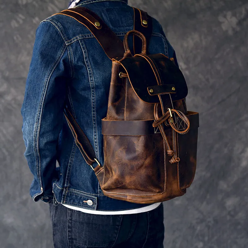 Crazy Horse Leather Men Travel Backpack Retro Laptop Backpack Bucket Backpack