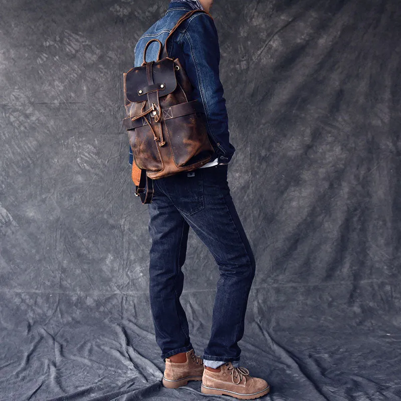 Crazy Horse Leather Men Travel Backpack Retro Laptop Backpack Bucket Backpack