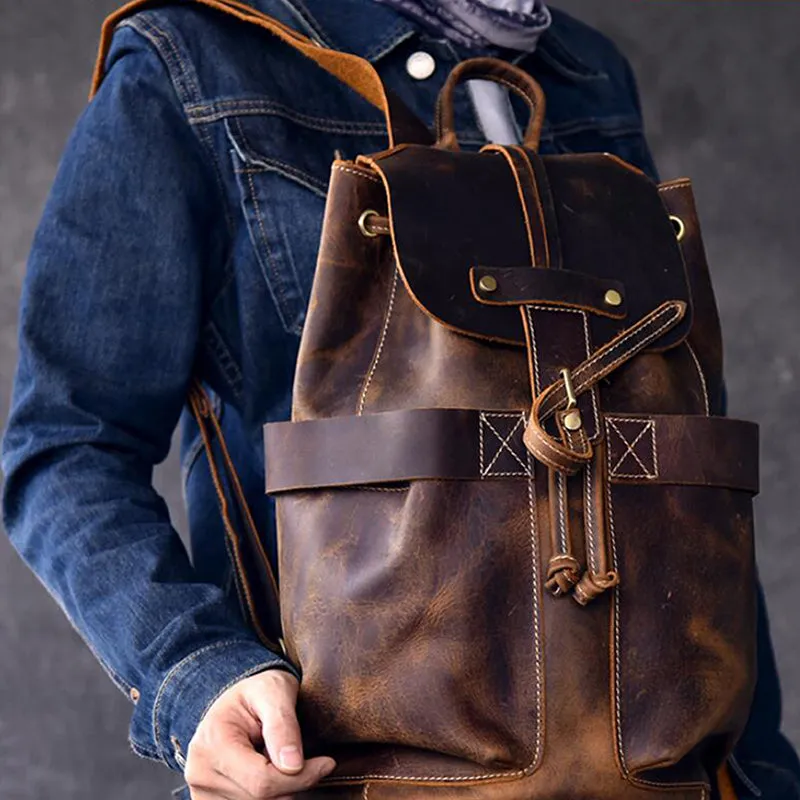 Crazy Horse Leather Men Travel Backpack Retro Laptop Backpack Bucket Backpack