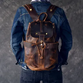 Crazy Horse Leather Men Travel Backpack Retro Laptop Backpack Bucket Backpack