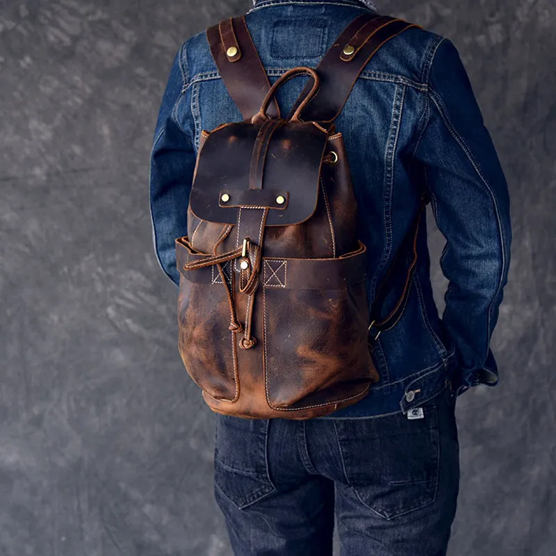 Crazy Horse Leather Men Travel Backpack Retro Laptop Backpack Bucket Backpack