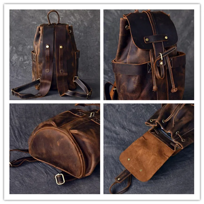Crazy Horse Leather Men Travel Backpack Retro Laptop Backpack Bucket Backpack