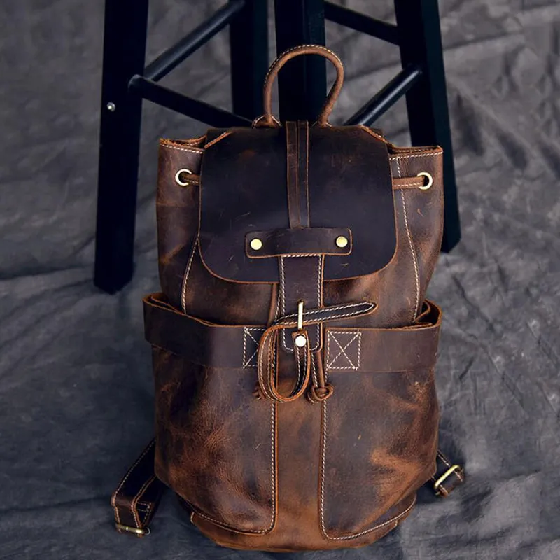 Crazy Horse Leather Men Travel Backpack Retro Laptop Backpack Bucket Backpack
