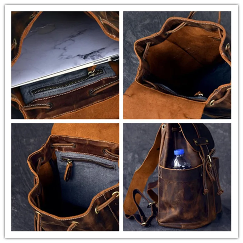 Crazy Horse Leather Men Travel Backpack Retro Laptop Backpack Bucket Backpack