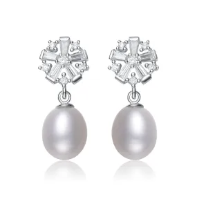 Cubic Zirconia Sterling Silver Rhodium Plated Pearl Drop Earrings
