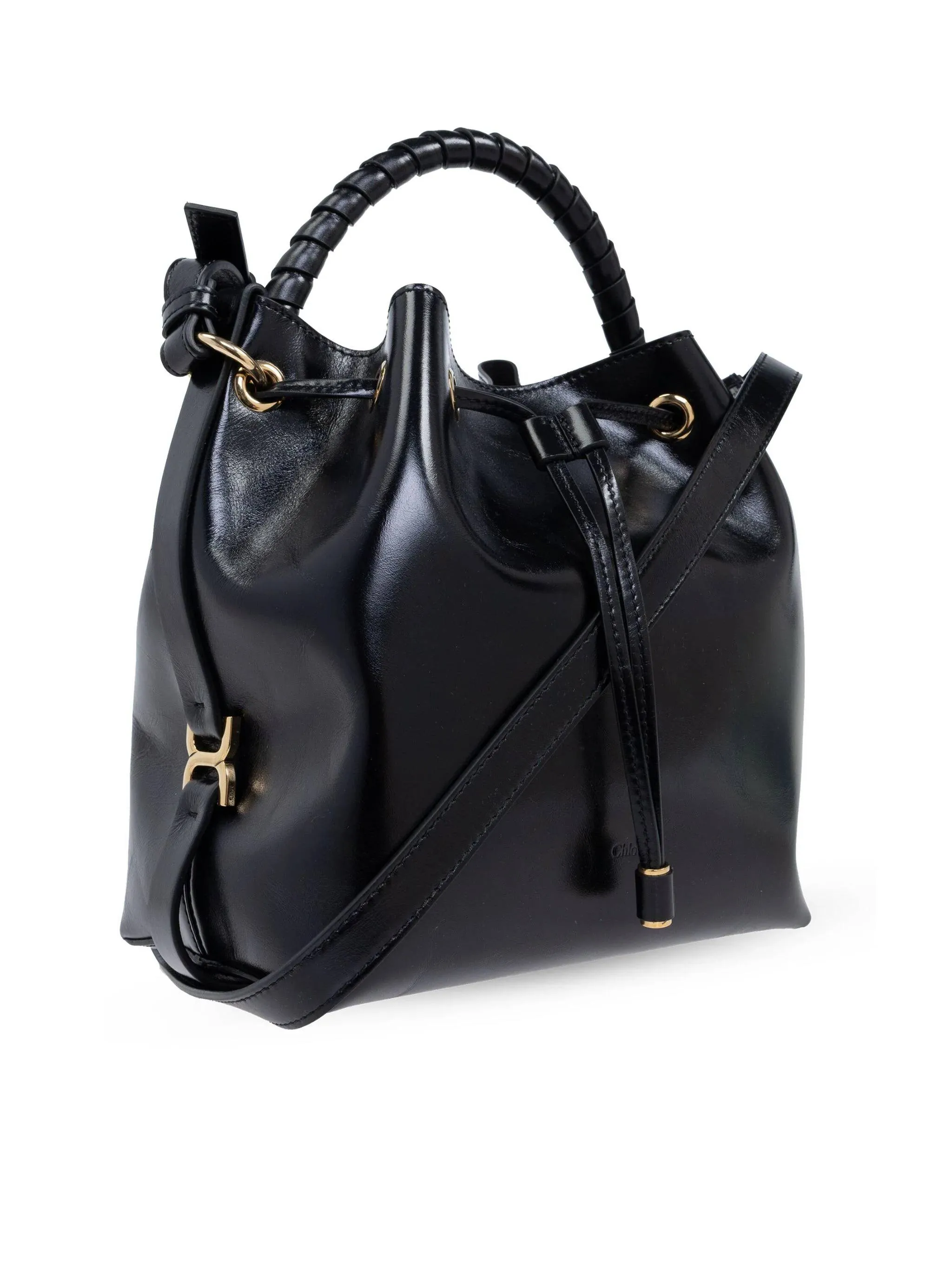 Marcie Shiny Leather Bucket Bag