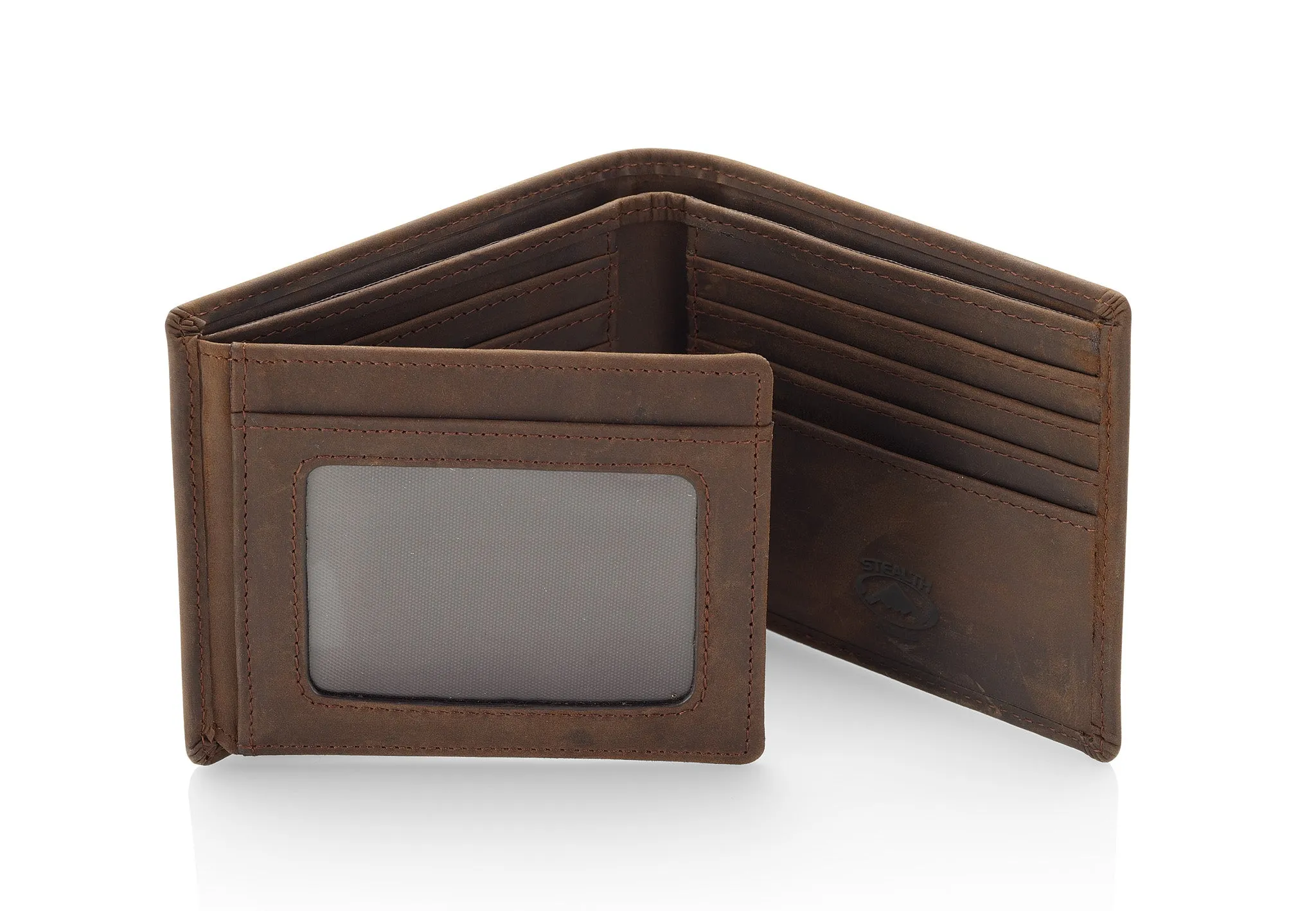 Mens Brown Leather RFID Wallet With Flip Out ID Window and 12 Card Slots