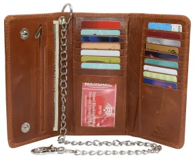 Men's RFID Signal Blocking Biker's Vintage Leather Long Tri-fold Silver Chain Checkbook Card ID Wallet