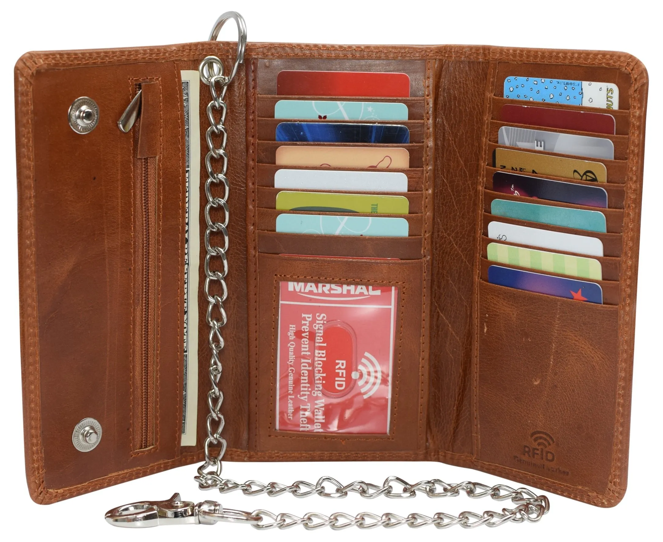 Men's RFID Signal Blocking Biker's Vintage Leather Long Tri-fold Silver Chain Checkbook Card ID Wallet