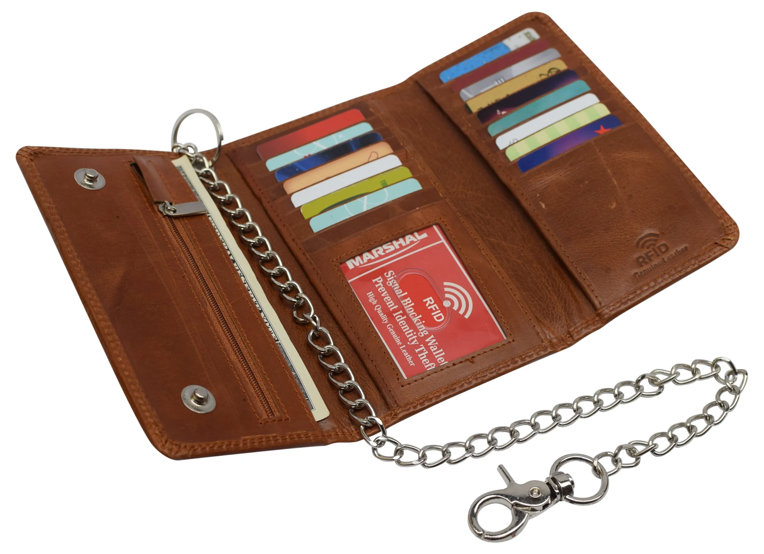 Men's RFID Signal Blocking Biker's Vintage Leather Long Tri-fold Silver Chain Checkbook Card ID Wallet