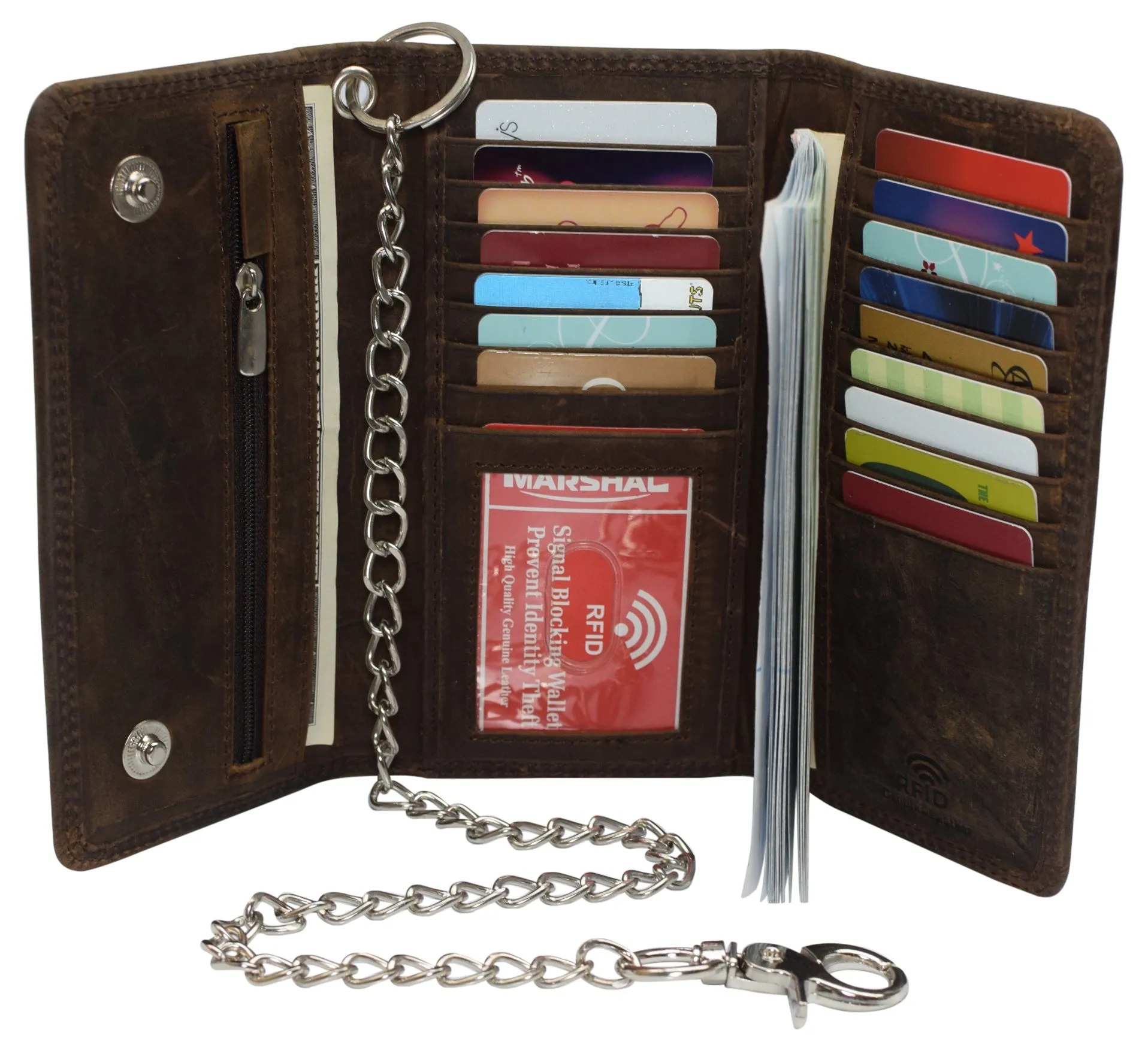 Men's RFID Signal Blocking Biker's Vintage Leather Long Tri-fold Silver Chain Checkbook Card ID Wallet