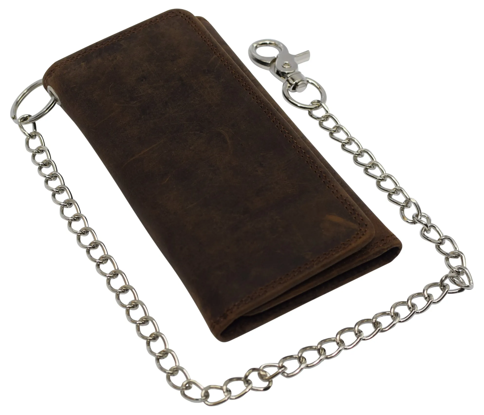 Men's RFID Signal Blocking Biker's Vintage Leather Long Tri-fold Silver Chain Checkbook Card ID Wallet