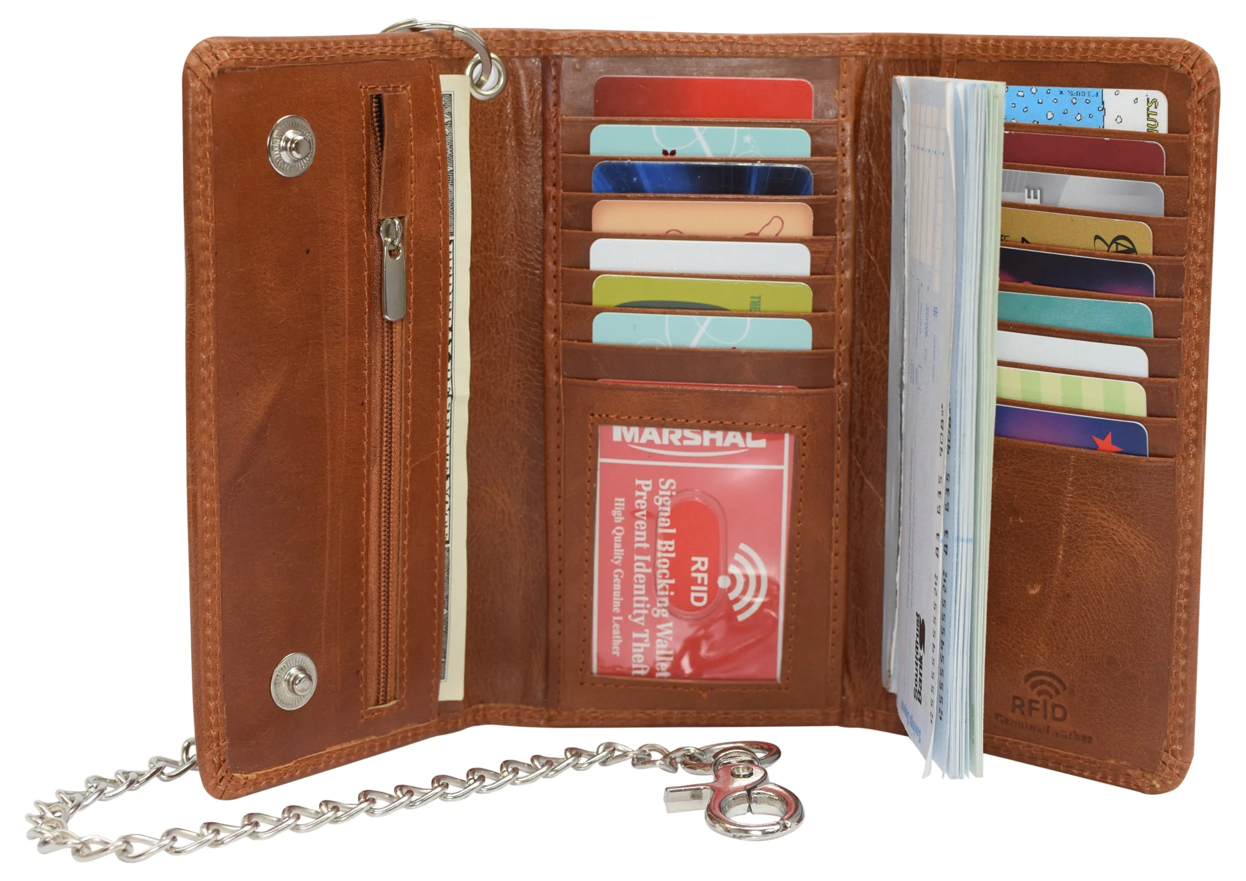 Men's RFID Signal Blocking Biker's Vintage Leather Long Tri-fold Silver Chain Checkbook Card ID Wallet