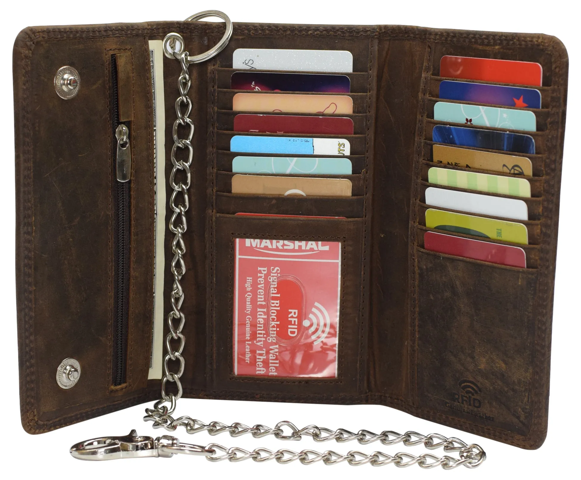Men's RFID Signal Blocking Biker's Vintage Leather Long Tri-fold Silver Chain Checkbook Card ID Wallet