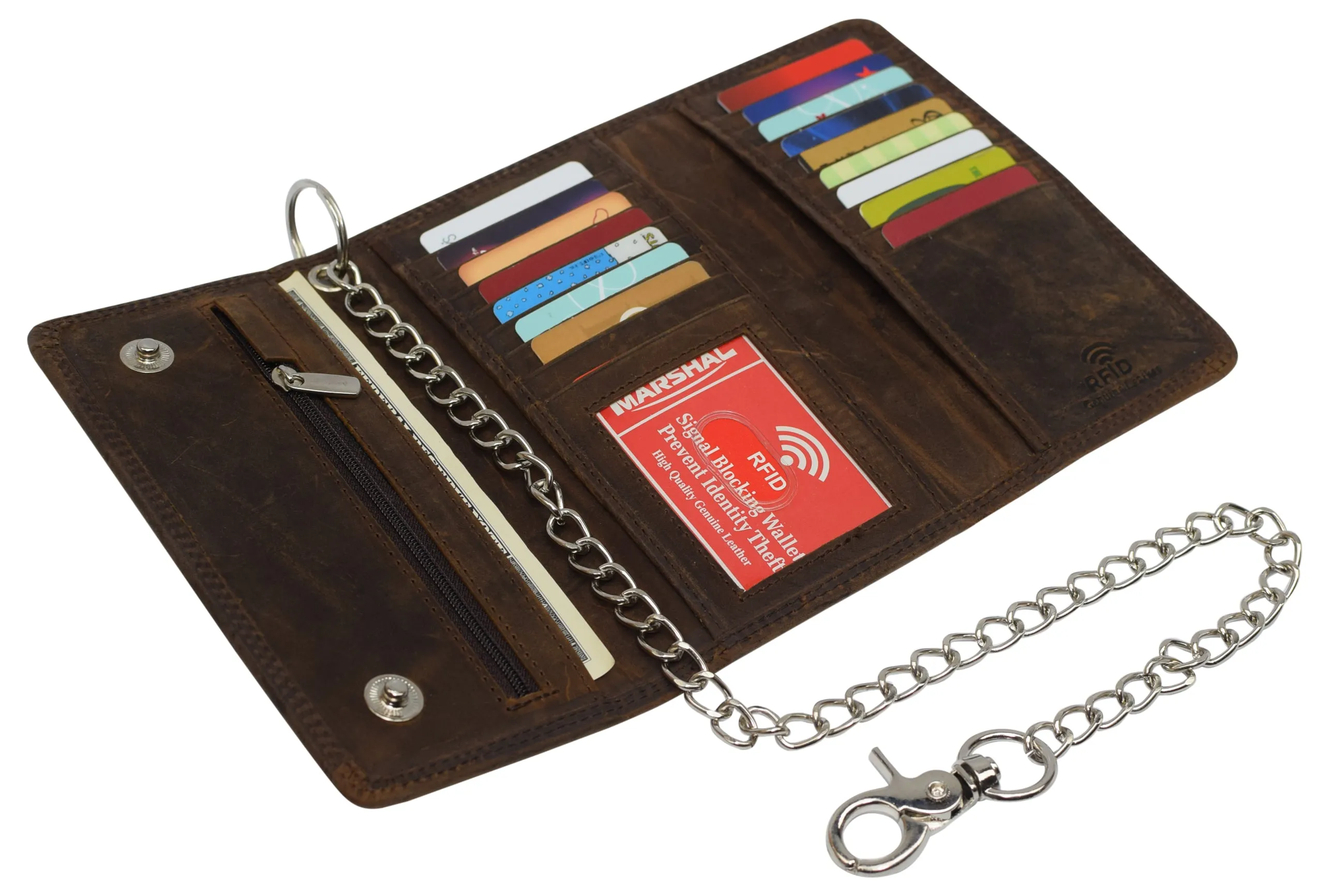 Men's RFID Signal Blocking Biker's Vintage Leather Long Tri-fold Silver Chain Checkbook Card ID Wallet