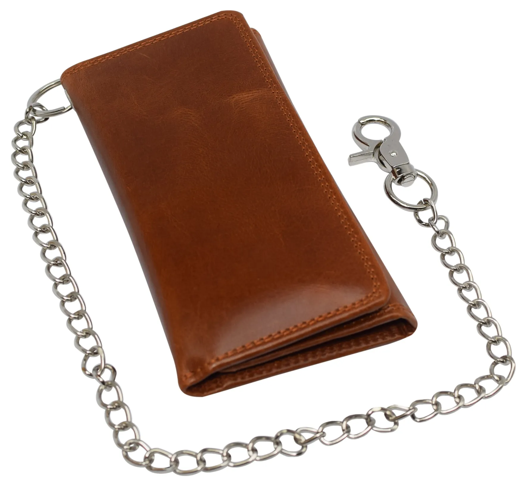 Men's RFID Signal Blocking Biker's Vintage Leather Long Tri-fold Silver Chain Checkbook Card ID Wallet