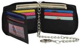 Men's Zipper RFID Blocking Premium Leather Zip-Around ID Bifold Biker Chain Wallet