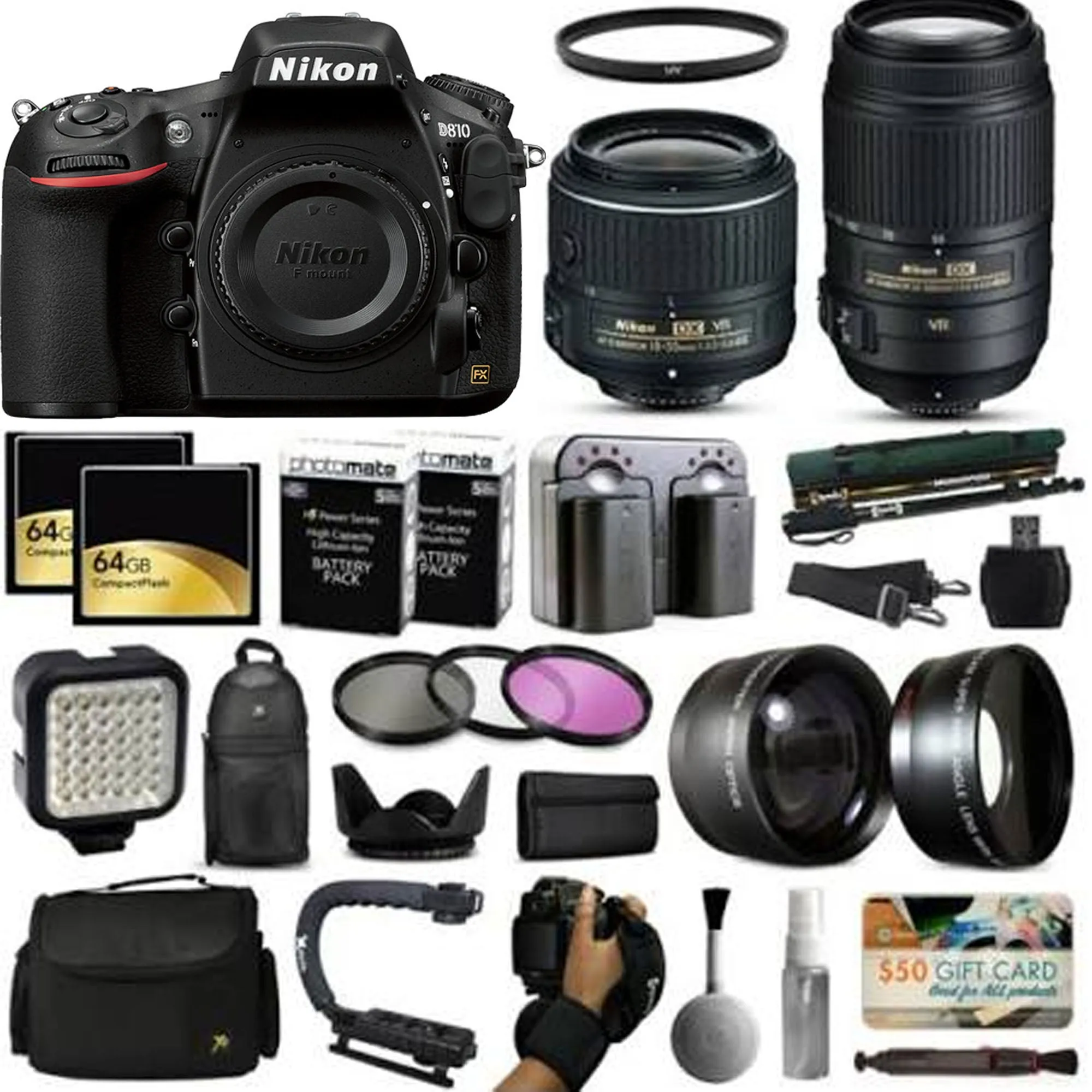 Nikon D810 DSLR SLR Camera   18-55mm VR   55-300mm VR   128GB Premium Bundle