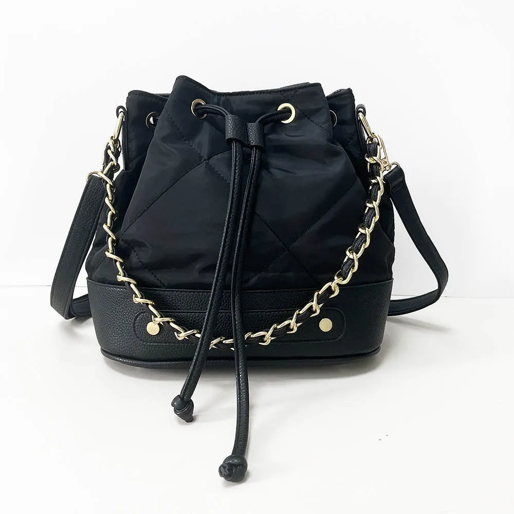 Quilted Nylon Drawstring Bucket Bag Black With Gold Chain Detail