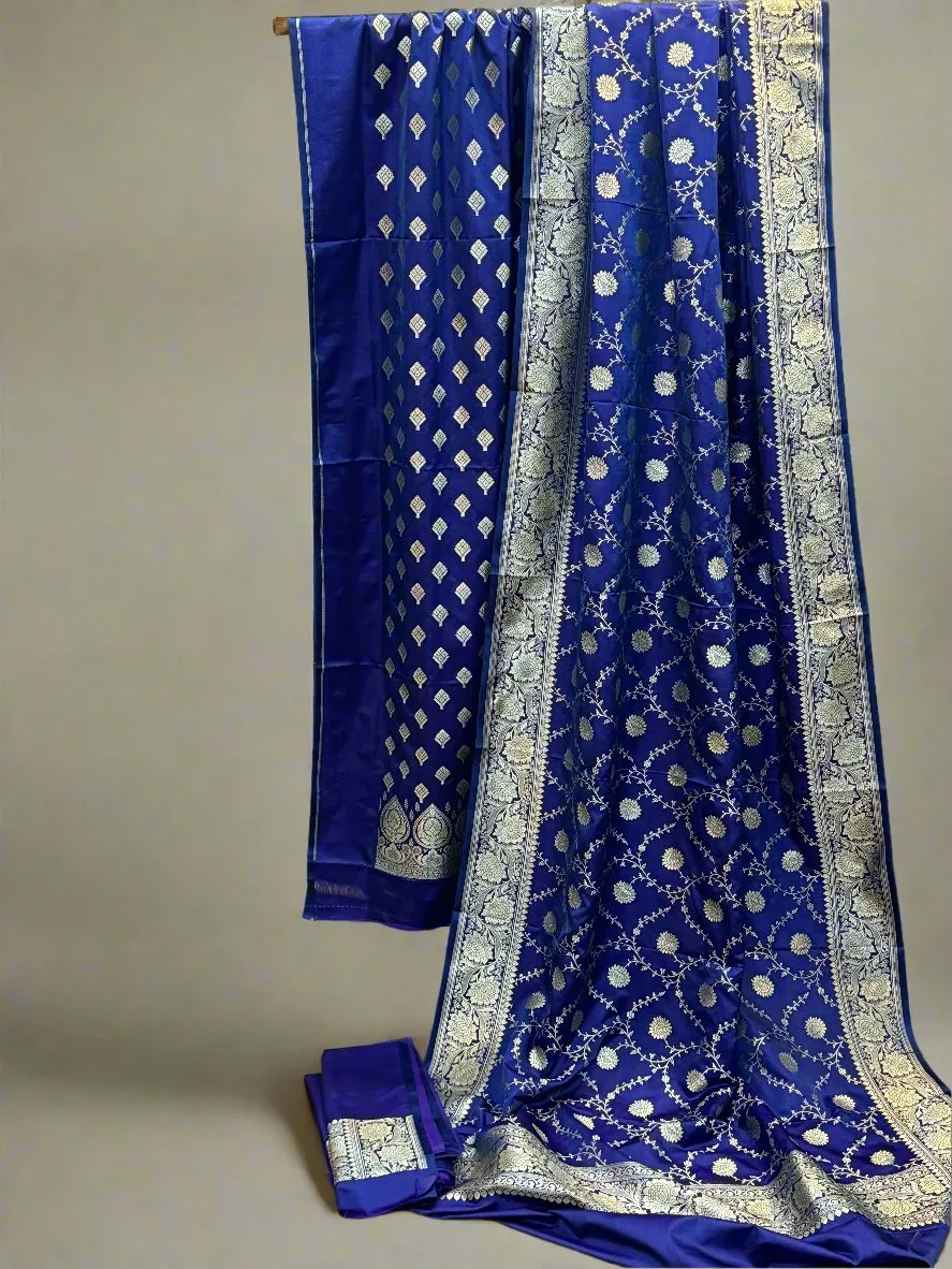 Royal Blue Pure Silk Banarasi 3-Piece Dress Material with Handwoven Shirt and Dupatta