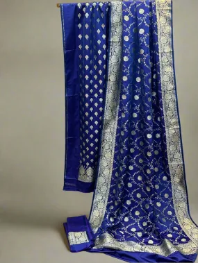 Royal Blue Pure Silk Banarasi 3-Piece Dress Material with Handwoven Shirt and Dupatta