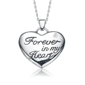 Sterling Silver with Rhodium Plated Clear Round Cubic Zirconia Accent "Forever in my Heart" Necklace