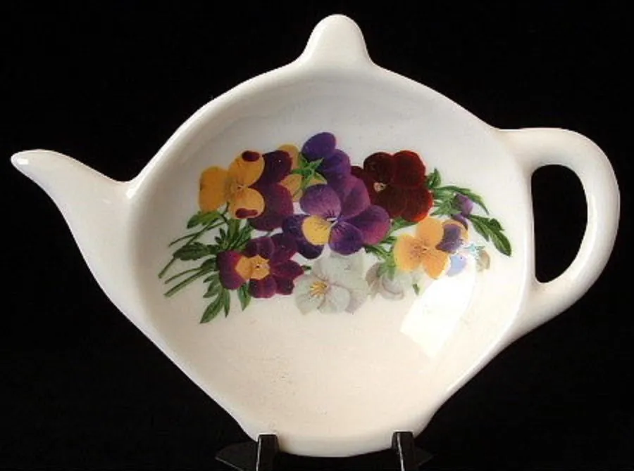 Tea Bag Caddy Pansies Teapot Shape England Bone China Violas Violets 2006