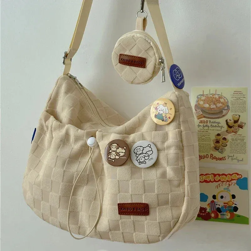 Uniwim Xiuya Harajuku Style College Crossbody Bag Solid Color Plaid Print Large Capacity Shoulder Bag New Cute Fashion Designer Handbag