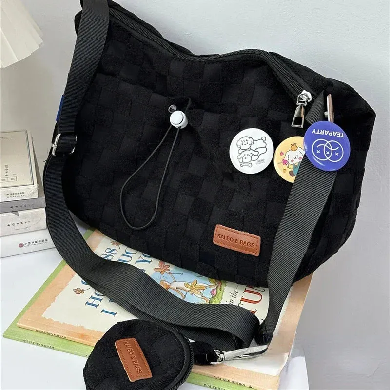 Uniwim Xiuya Harajuku Style College Crossbody Bag Solid Color Plaid Print Large Capacity Shoulder Bag New Cute Fashion Designer Handbag