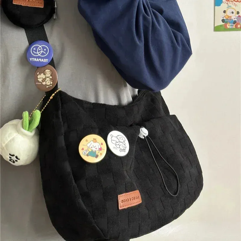 Uniwim Xiuya Harajuku Style College Crossbody Bag Solid Color Plaid Print Large Capacity Shoulder Bag New Cute Fashion Designer Handbag