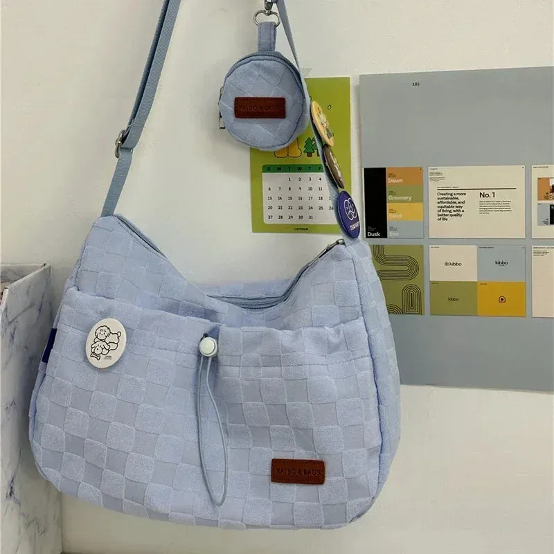 Uniwim Xiuya Harajuku Style College Crossbody Bag Solid Color Plaid Print Large Capacity Shoulder Bag New Cute Fashion Designer Handbag