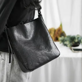Womens Black Leather Bucket Bag Ladies Shoulder Bag