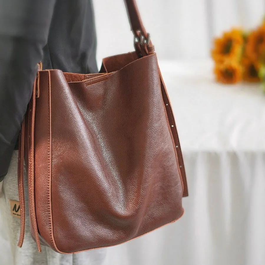 Womens Black Leather Bucket Bag Ladies Shoulder Bag