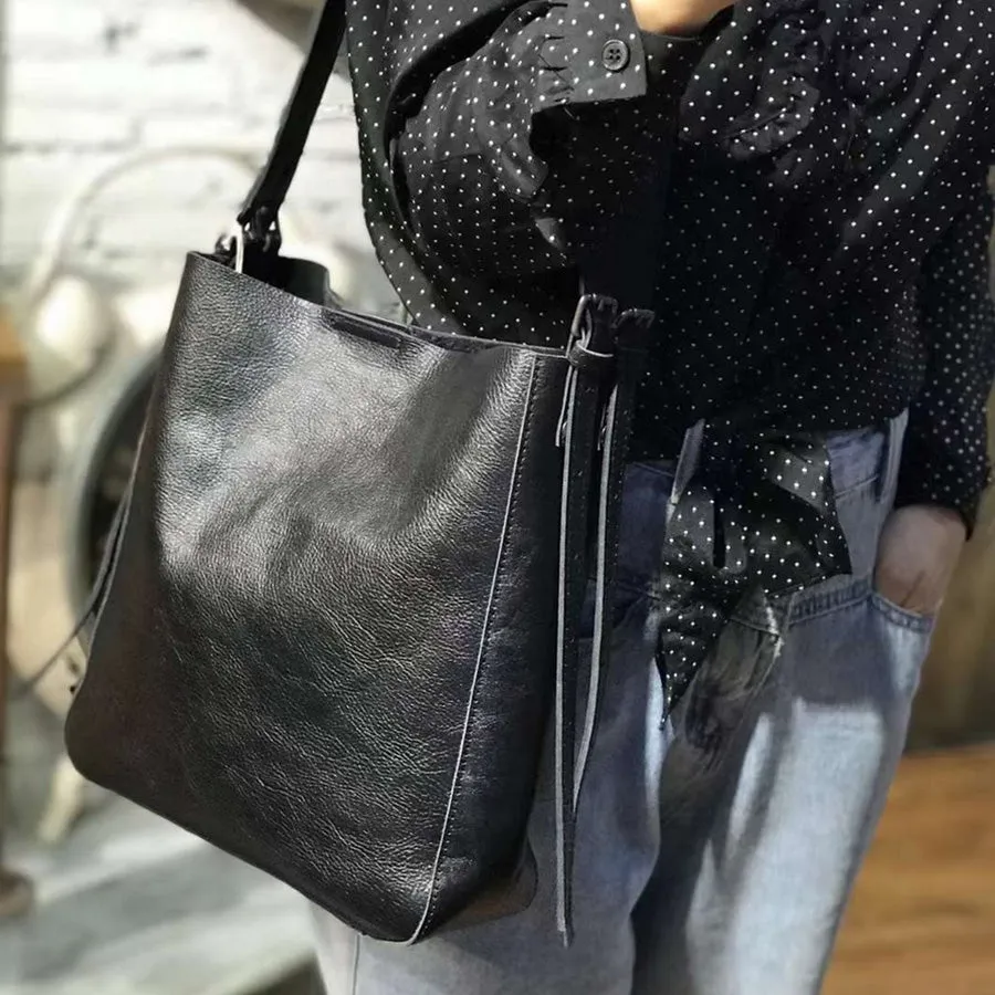 Womens Black Leather Bucket Bag Ladies Shoulder Bag
