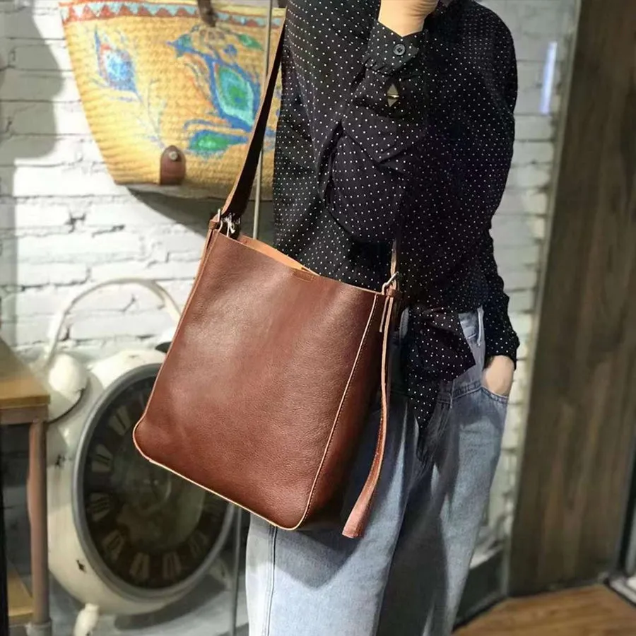 Womens Black Leather Bucket Bag Ladies Shoulder Bag