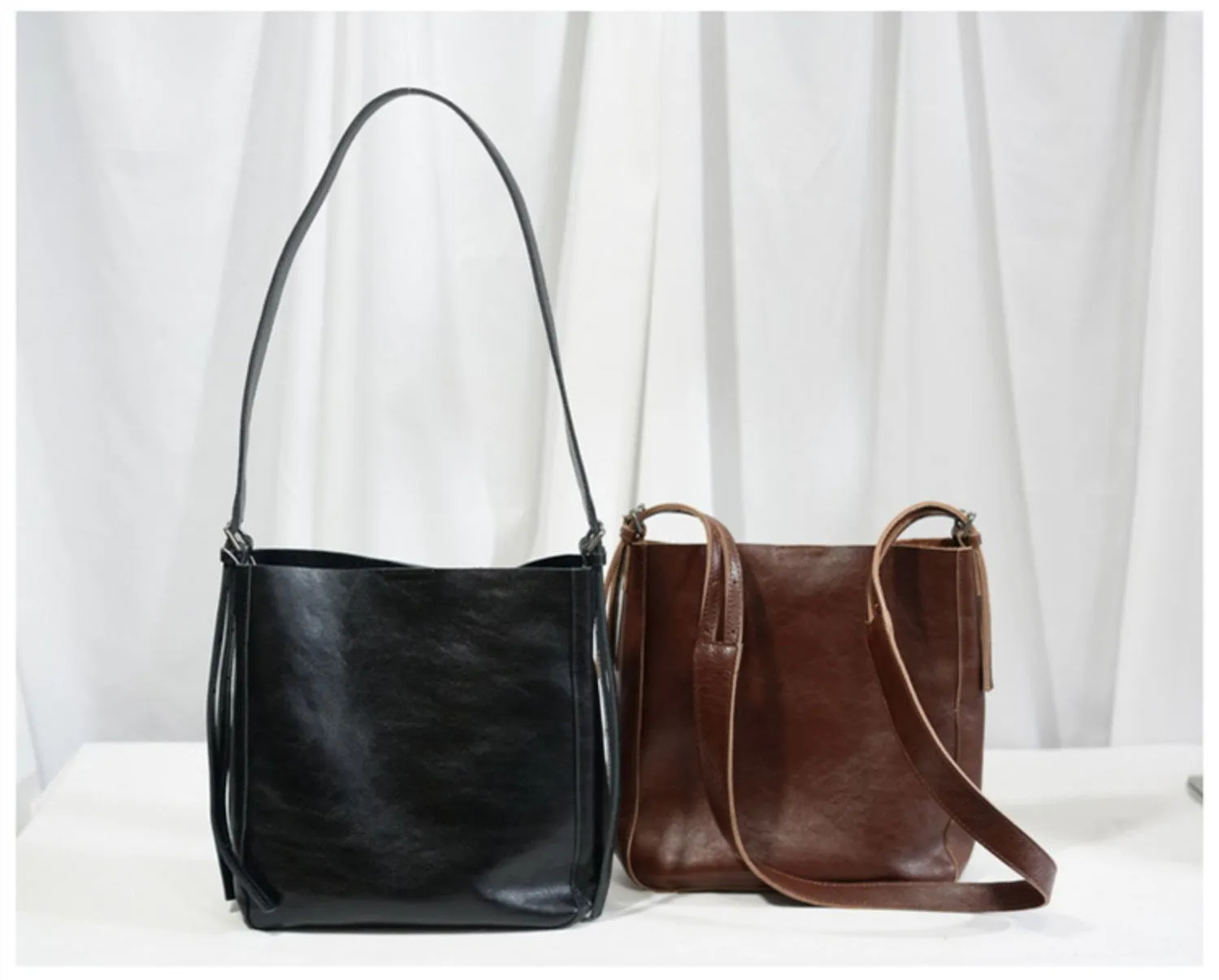 Womens Black Leather Bucket Bag Ladies Shoulder Bag
