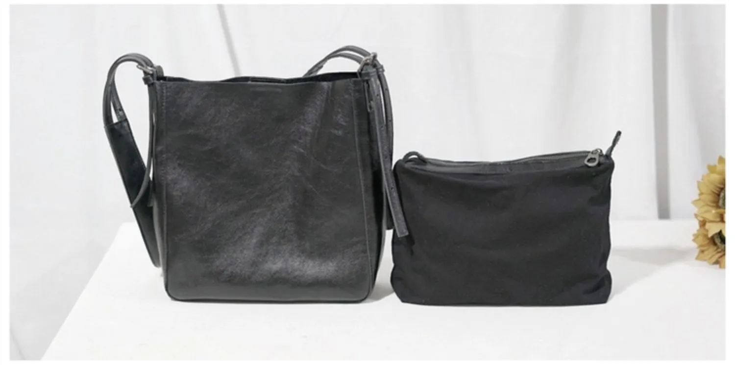 Womens Black Leather Bucket Bag Ladies Shoulder Bag