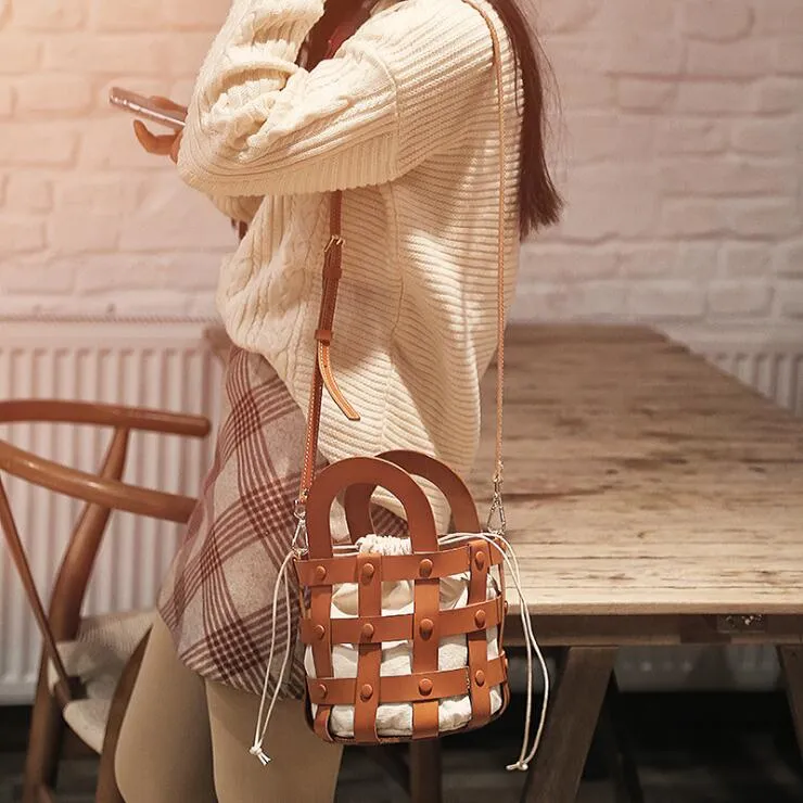 Womens Brown Side Bag Leather Bucket Bag For Women