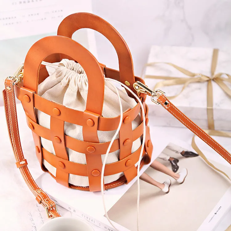 Womens Brown Side Bag Leather Bucket Bag For Women