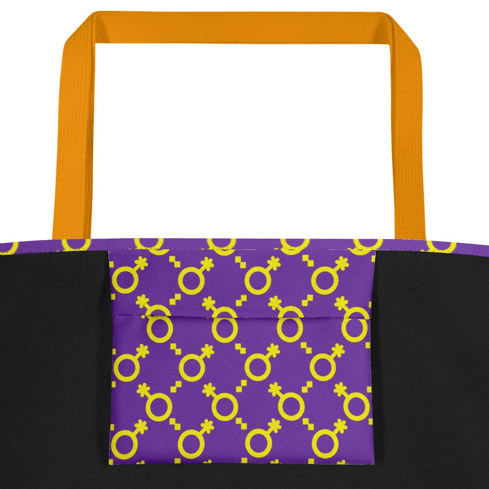 Yellow and Purple Non-Binary Symbol Pattern Large Tote Bag