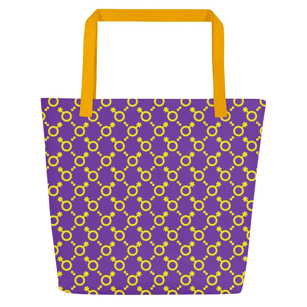 Yellow and Purple Non-Binary Symbol Pattern Large Tote Bag